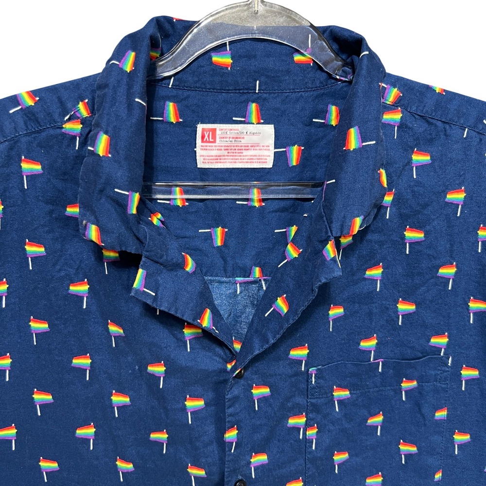 Navy Blue Rainbow Pride Flag Print Button Down Shirt Mens XL Cotton Short Sleeve